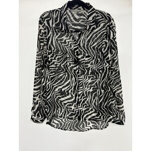 My Collection Button Down Blouse Womens L Black White Zebra Print Top Rhinestone
